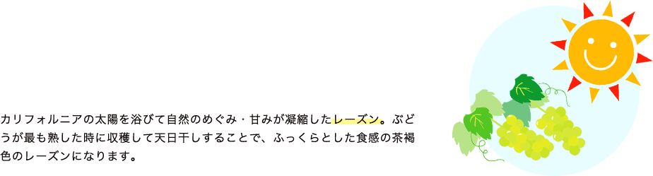 カリフォルニアの太陽を浴びて自然のめぐみ・甘みが凝縮したレーズン。ぶどうが最も熟した時に収穫して天日干しすることで、ふっくらとした食感の茶褐色のレーズンになります。真っ赤なクランベリーは食べると元気が湧くような、甘酸っぱいおいしさが特長です。